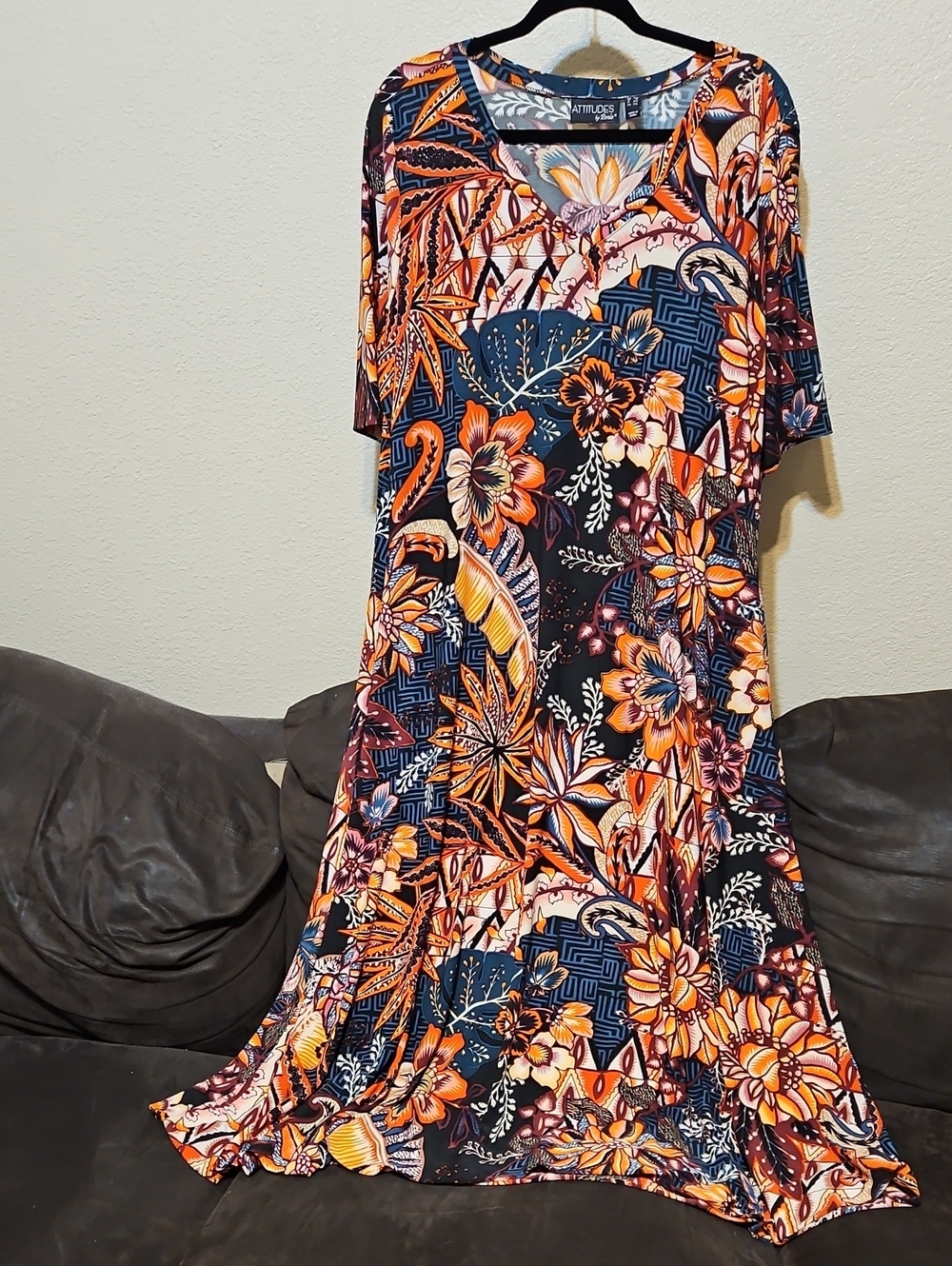 Attitudes by Renee Navy Floral Maxi Dress with Orange Accents